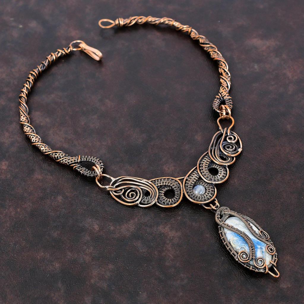 Blue Scheelite Necklace Copper Wire Wrapped Gemstone Necklace Handmade Wire Wrap Jewelry Rainbow Moonstone Necklace Copper Jewelry For Gift