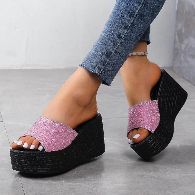 2024 New Sandals Summer Women Slippers Wedges Platform Beach Flip Flops Trend High Heels Ladies Shoes Pumps Thick Slides Mujer