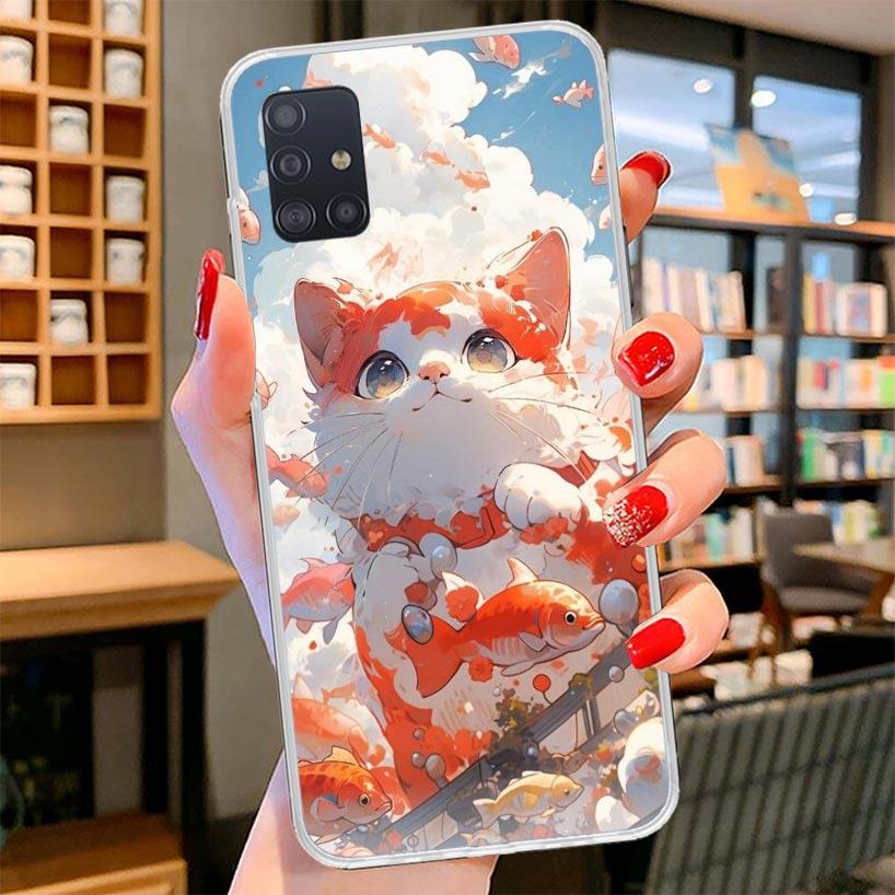 Cartoon Cute Cat Fish Aesthetic Cover Phone Case For Samsung Galaxy A12 A22 A32 A52 A72 A02S Phone Case Note 20 Ultra 10 S10 Plu