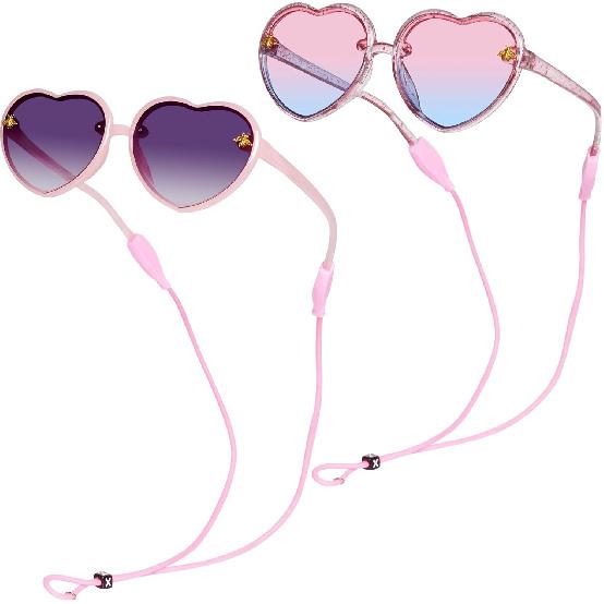 obmwang 2 PCS Kids Heart Shaped Sunglasses Cute Bee Glasses with Strap for Girls Boys Age 3-10 UV400 Protection Outdoor Beach