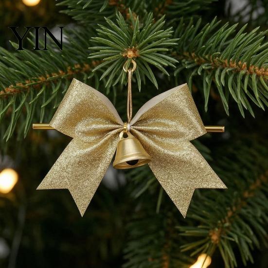 Decorative Bows with Bells 2 Pcs Christmas Bell, 4 Inch Glitter Ribbon Bows, Pre Tied Hanging Holiday Ornaments Xmas for Gift Wrapping, Wreath, Tree,