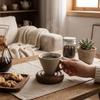 Retro Style Triangular Cone Cup Wooden Base Japanese Ceramic Mug Funnel Coffee Mug  Cafe Use