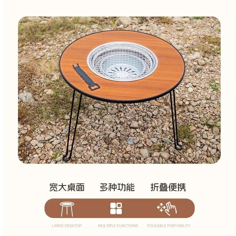 Folding Barbecue Stove Outdoor Camping Tea Boiling Stove Wood Grain Round Folding Table Picnic BBQ Stove