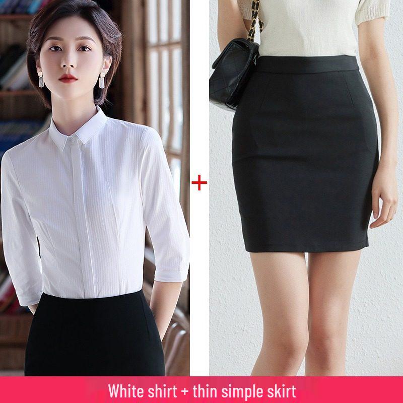 Women's Blue Striped Slim-Fit Work Shirt with Mid-Length Sleeves for Spring/Summer
