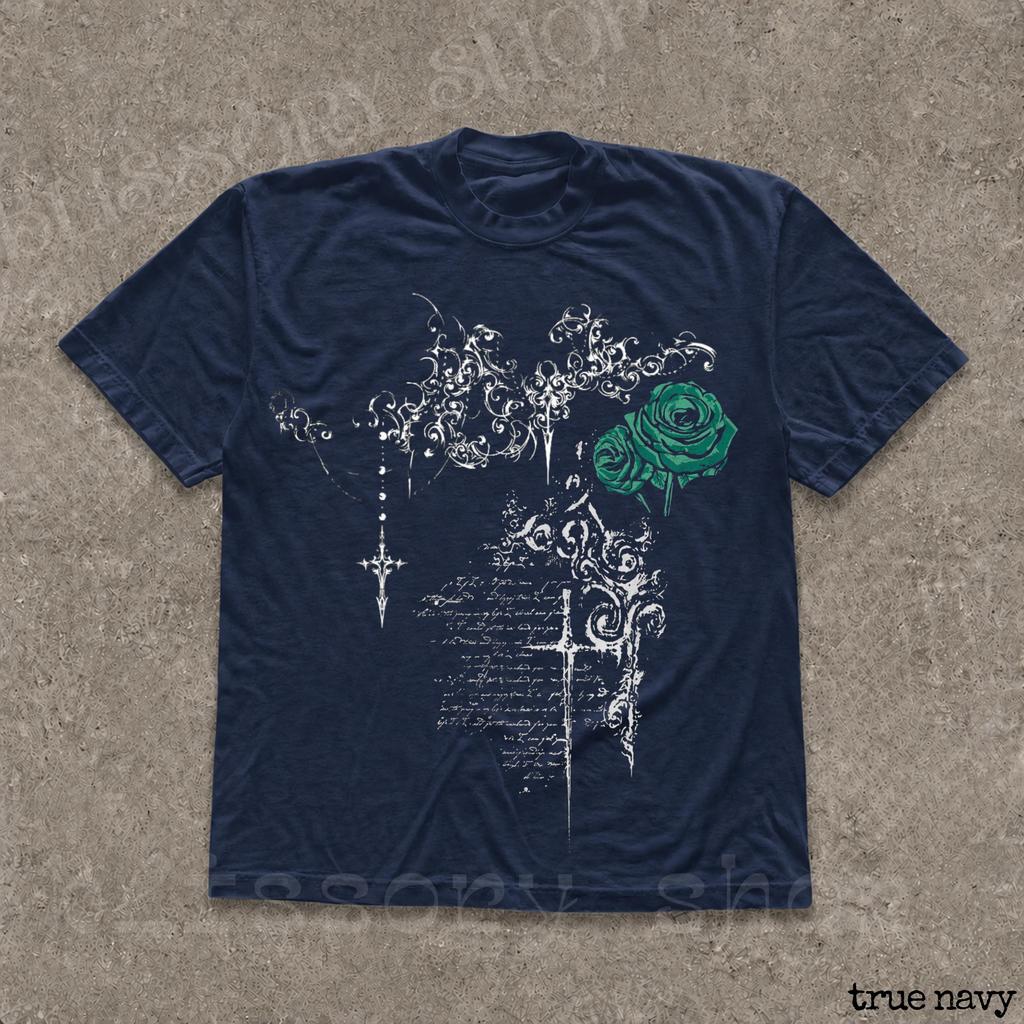Gothic Rose Graphic TShirt Black Floral Cross Vintage Distressed Short Sleeve Casual Dark Academia Top
