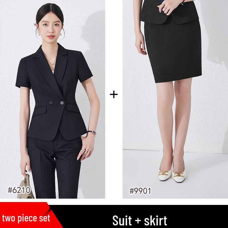 Women's Black Short-Sleeve Professional Suit Set for Summer Reception and Workwear