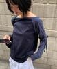 RONRON Dot Boat Neck Ribbon String Long Sleeve Navy