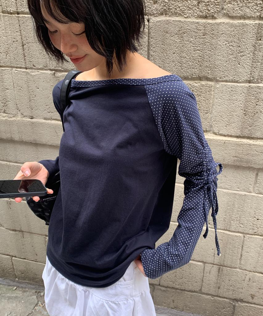 RONRON Dot Boat Neck Ribbon String Long Sleeve Navy