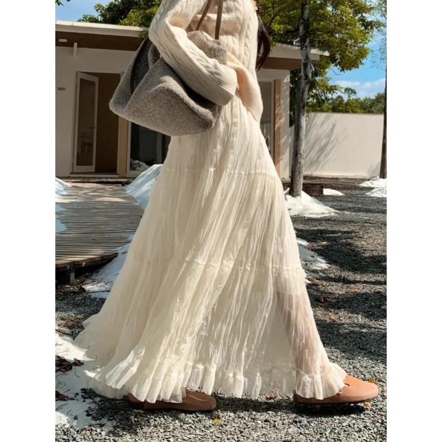 Spring Elegant Pleated Skirt for Women with Elastic Waist Slim Fit A-Line Long Design
