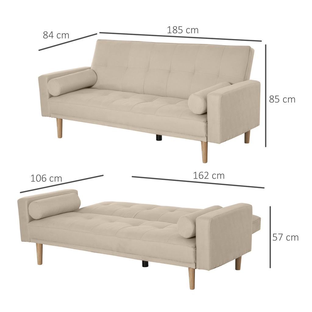 3-Seater Sofa Bed with Backrest Adjustable To 3 Levels, 2 Cushions and Removable Armrests, Beige, 185x84x85cm