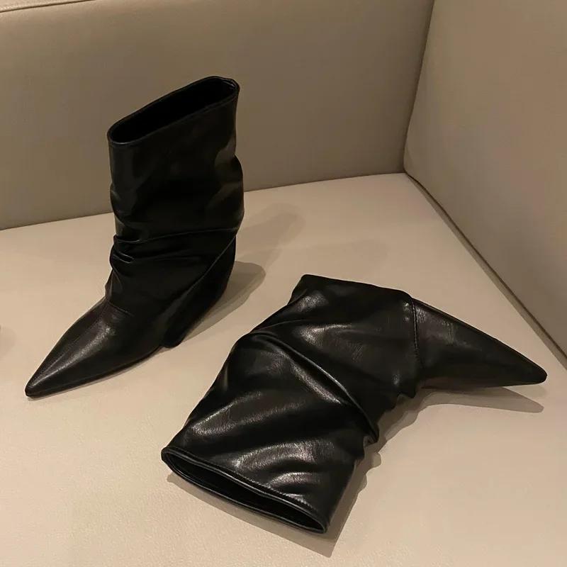 Designer Pointed Toe Women Ankle Boot Pleated Thin Heels Short Boots Street Style  Autumn Winter SEXY Fashion Women Boots