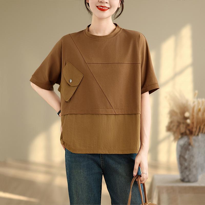 

Dimanaf 2025 Новые летние футболки больших размеров для женщин с коротким рукавом, однотонные, с круглым вырезом, винтажные свободные топы, футболки макси XL коричневый