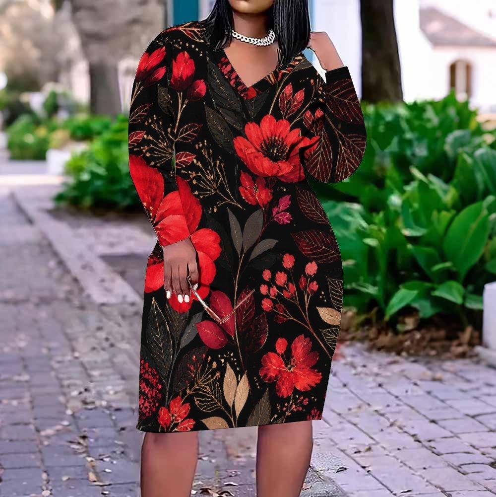 Women Plus Size V Neck Long Sleeve Printed Blue Straight Dress