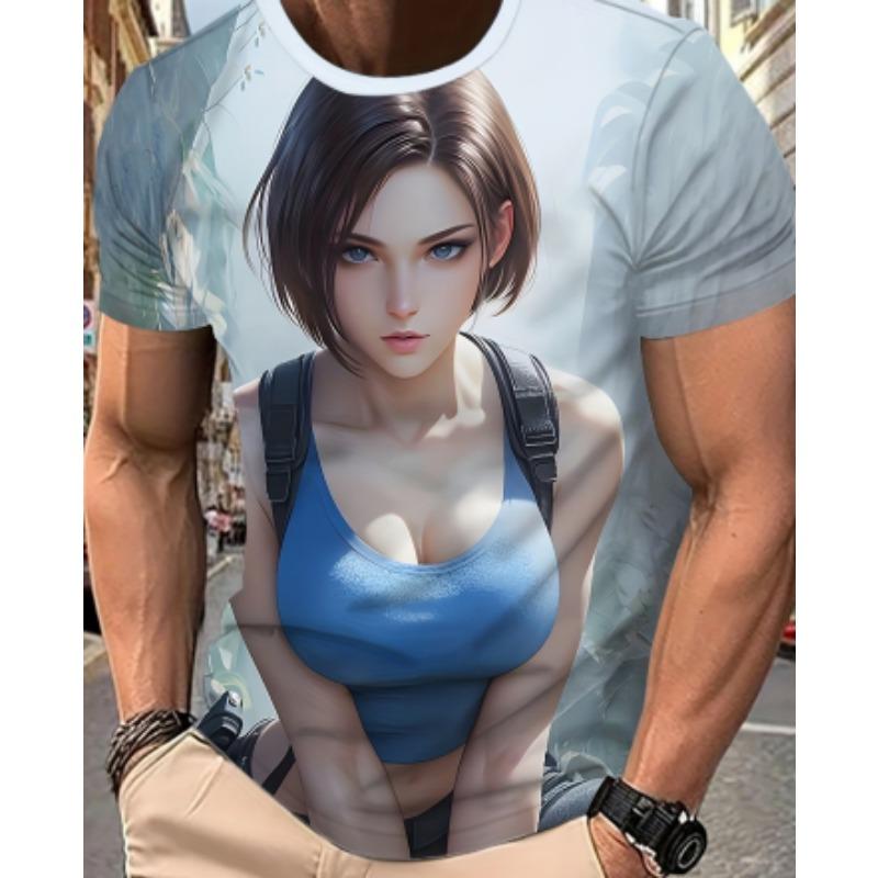 Men's Anime Print T-Shirt - Anime Character Print Crew Neck Short Sleeve Shirt, Machine Washable, Suitable for Anime Apparel and Party Outfits