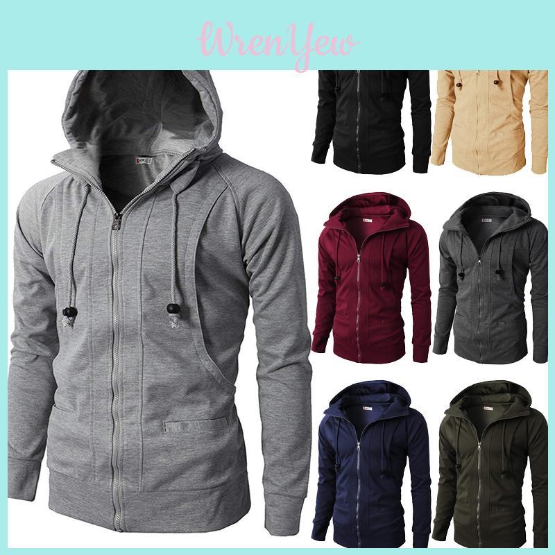 Stylish Men's Hooded Coat With Drawstring And Zipper Up Slim Fit Hoodie Jacket Overcoat