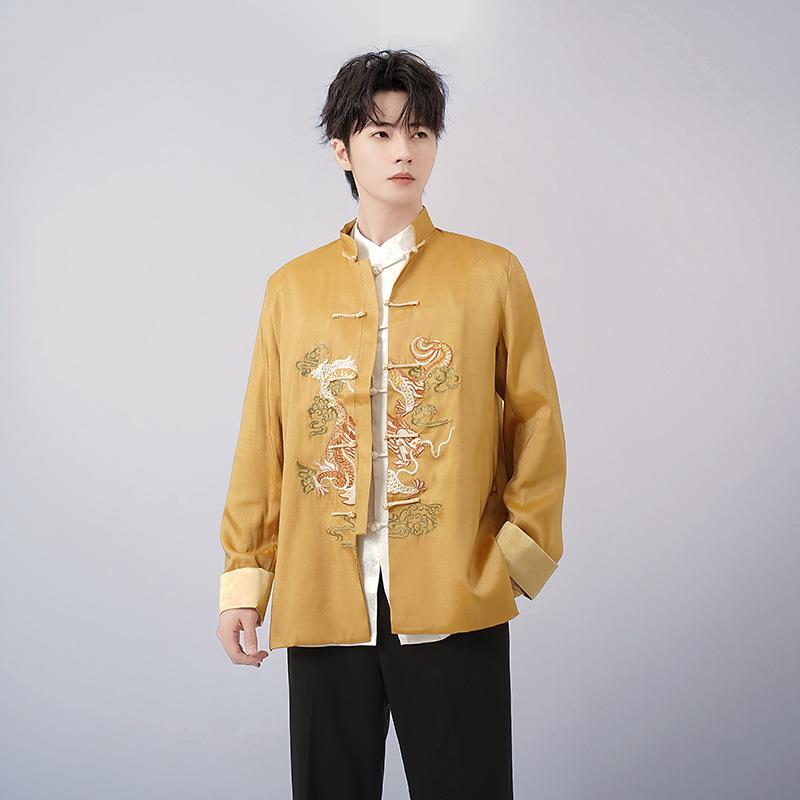 Spring and Autumn Men Embroidered Tops Chinese Traditional Phoenix Printed Clothes Dragon Tang Suit Clothing Long Sleeve Festival New Year Jacket