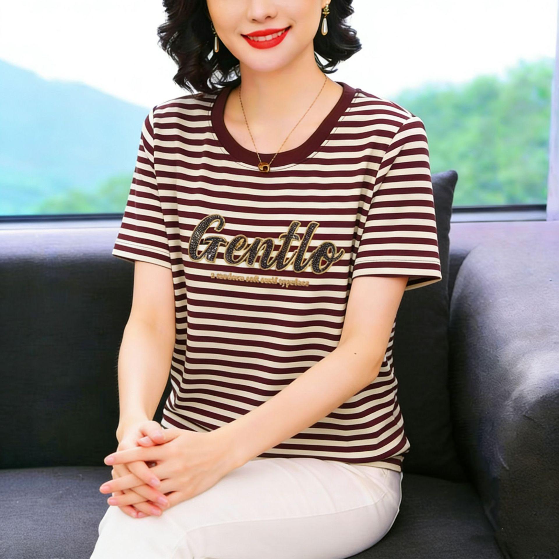 2026 Summer Rhinestone-Striped Cotton T-Shirt: Casual, Loose, Round Neck, Short Sleeve Mom s Wear 3XL