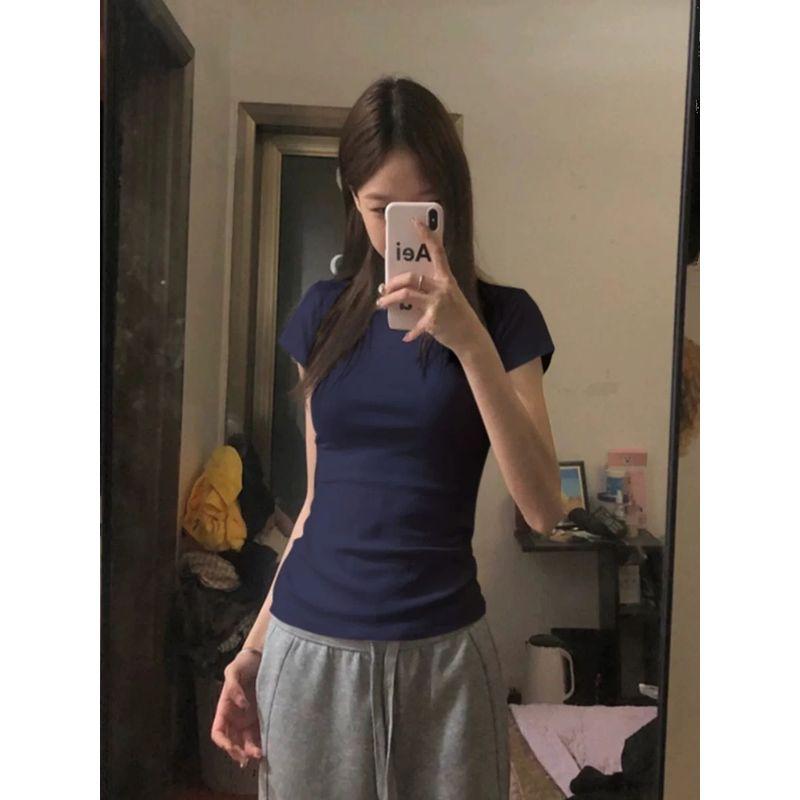 Basic Style Silm Pullover Tops round Neck Short Sleeve T-shirt