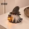 Resin Ghost Figurine Halloween Wizard Hat with LED Lighted Lantern, Vintage Collectible Fairy Tale Figure Witch Statue for Fall Tabletop