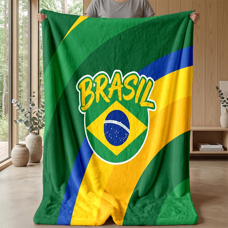 Brazil Football Printed Flannel Blanket Skin Friendly Warm Decorative Throw for Indoor Couch Bed Daily Use