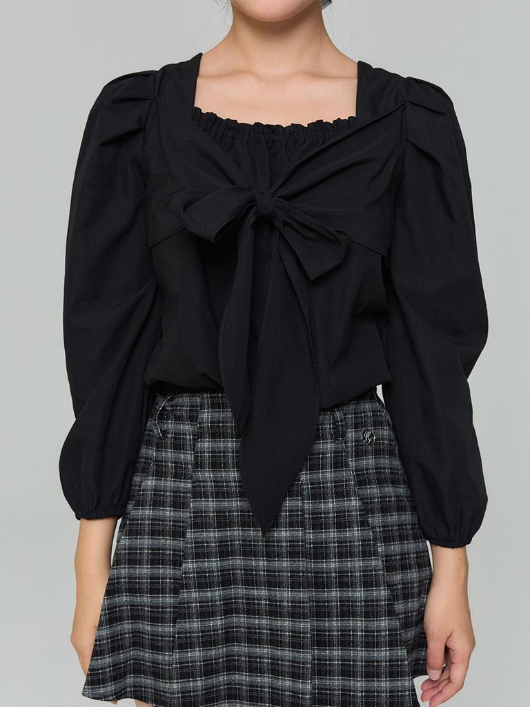 ADOREBELLE Ribbon Tie Blouse - Black