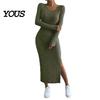 Daily Wear Autumn Dresses Women Round Neck Knitted Dress, Long Sleeve Pullover Sweater Formal Work Solid Color Stretchy Split Bodycon Dress for Winter
