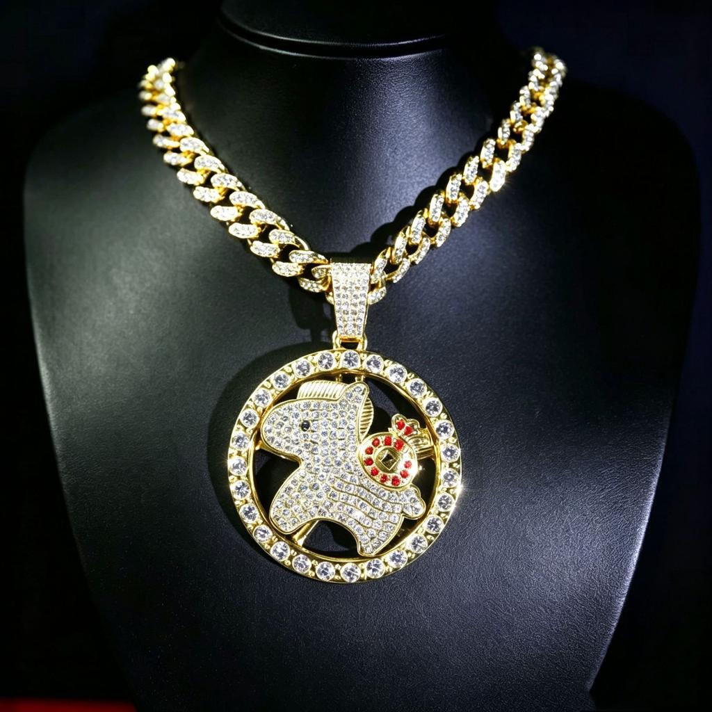 Gold Horse Pendant Necklace with Red Diamond Accents, Zinc Alloy, 45mm/62mm
