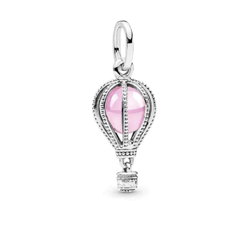 925 Silver-Plated Charms Jewelry Gift Sparkling Pink Air Balloon&Cherry Blossom Dangle Bead Fit Original Silver Bracelet