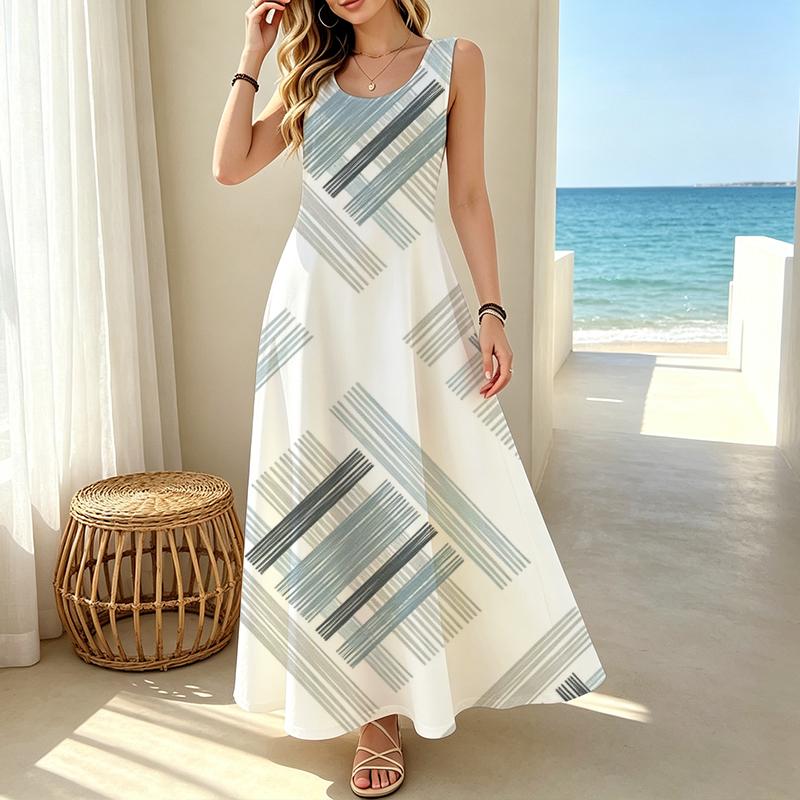 Women's U-Neck Striped Sleeveless Maxi Dress Loose Fit Soft Summer Beach Vacation Dress for Daily Casual Wear