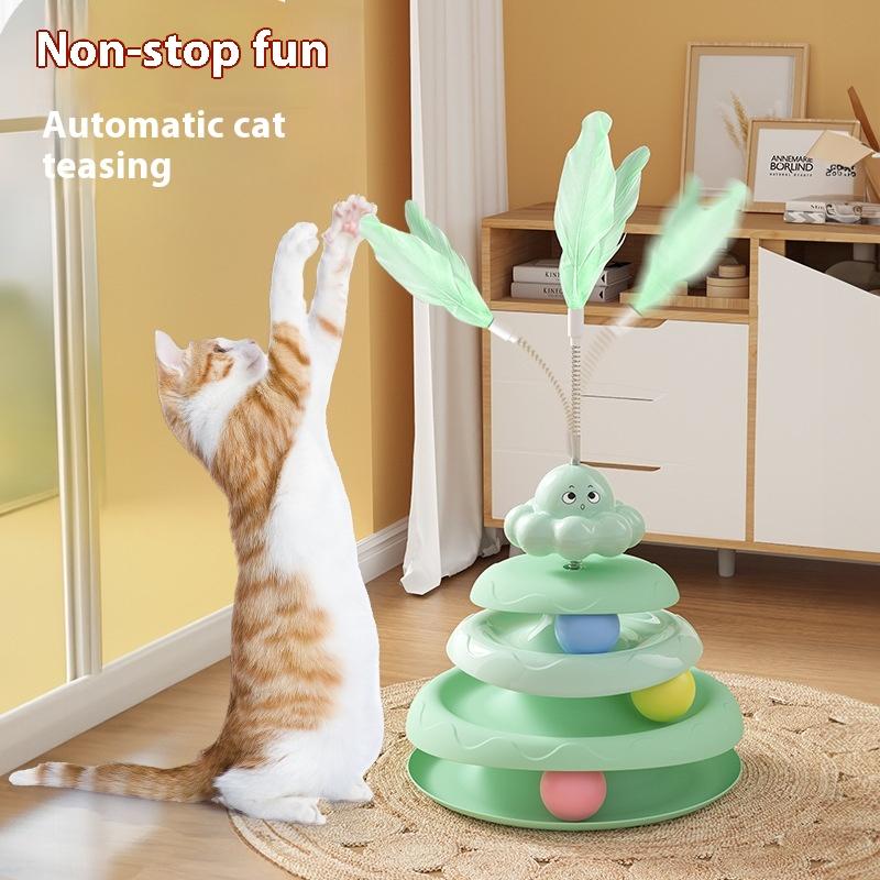 3-stöckiger Katzenspielturm Drehteller Rollkugelspielzeug Interaktives Intelligenz-Trainingsbahn Puzzle Lustige Spiele Zubehör