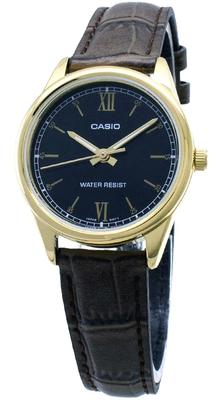 Gold Tone Brown Leather Band Black Dial Analog Dress Watch LTP-V005GL-1B2 Women's