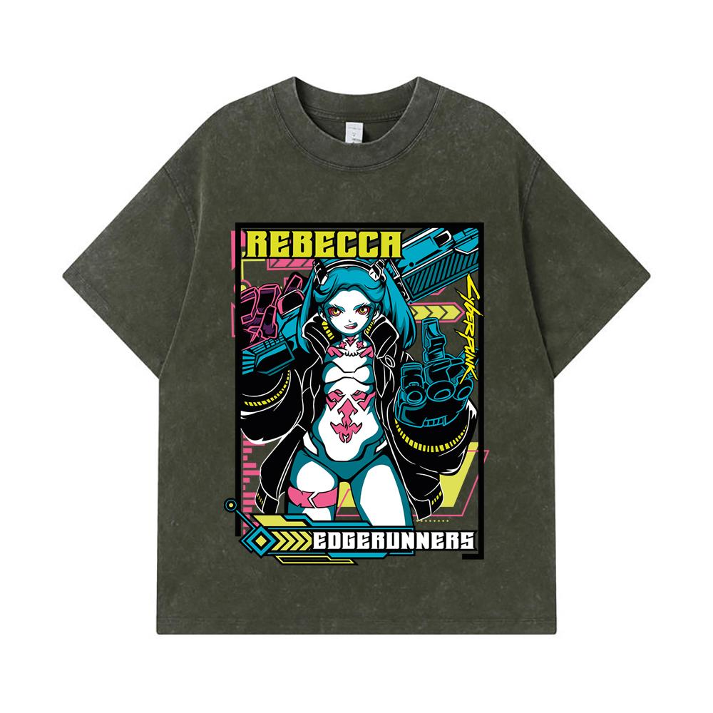 

275 GSM Washed T-shirts 100% Cotton Cyberpunk V9 Rebecca Print Unisex Heavy Cotton T Shirt S