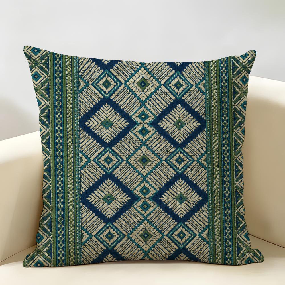 Blue Green Striped Diamond Pattern Cushion Cover Natural Linen Organic Fabric Double-Sided Printing Breathable For Home Decor