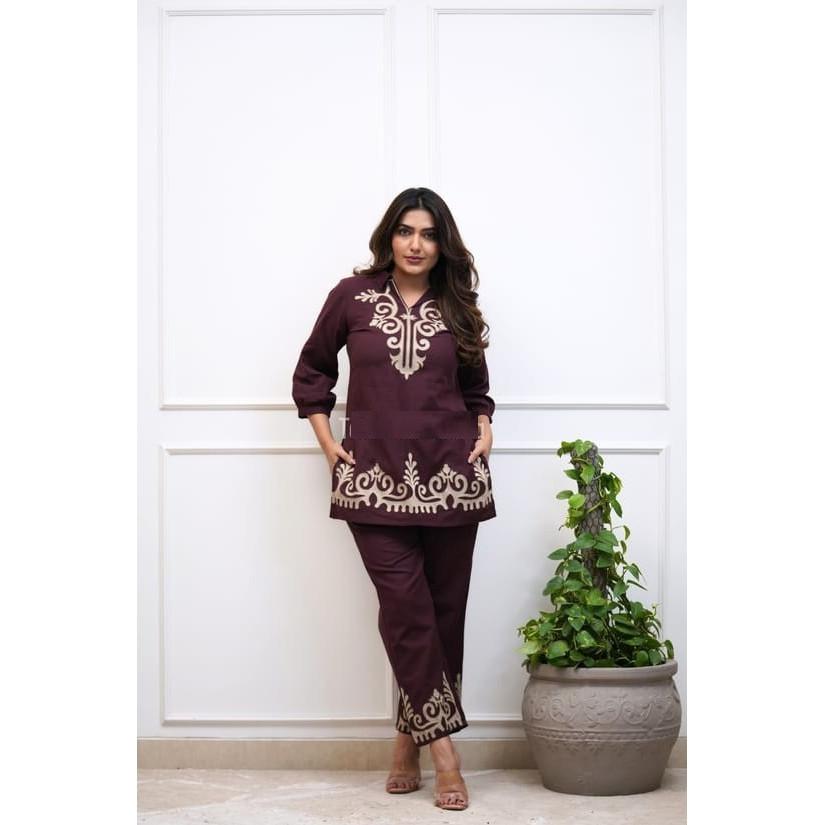 Women Cotton Slub Ethnic Kurti with Pant Set Indian Bollywood Top Kurta Cord Set