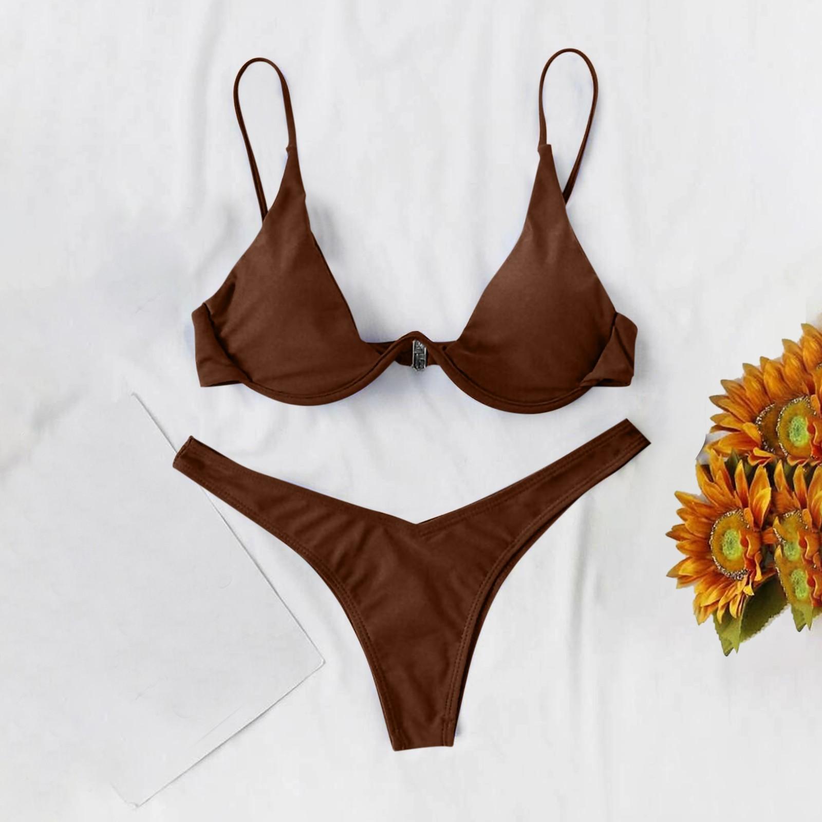 

Женский сексуальный сплит-стиль, сплошной цвет, бикини SS, купальник с галстуком-бабочкой, комплект из 2 предметов S кофейный