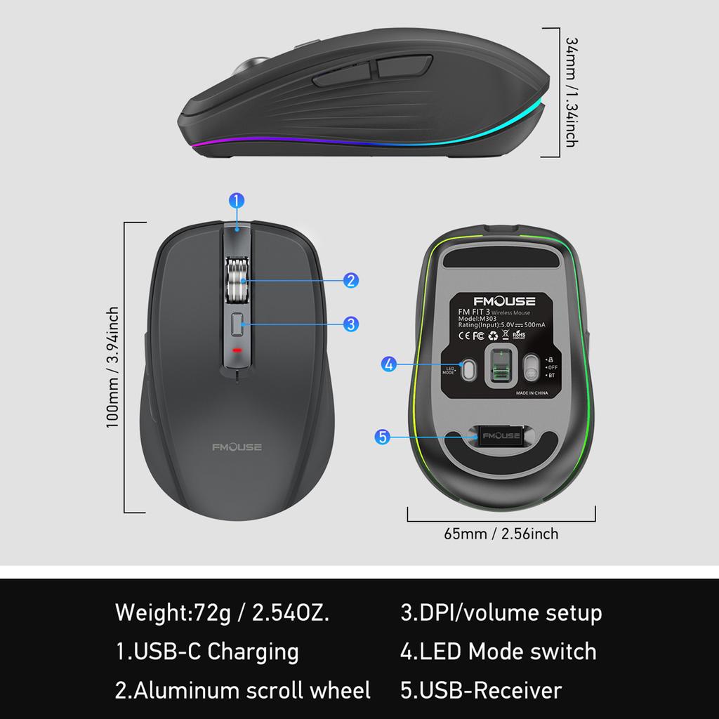 2,4G+BT5.1 Dual-Modus Kabellose Maus Computer Gaming-Maus Ergonomisches Design 4-stufig einstellbarer DPI Eingebauter Akku