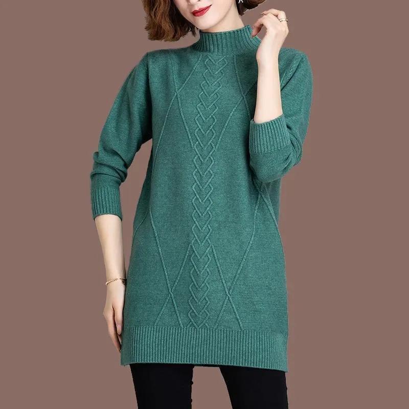 Mid-length Knitwear Women's Half High Neck Sweater Pullover Autumn Winter Warm Solid Knitted Sweater Jumper Female Tops Bottoming Shirt