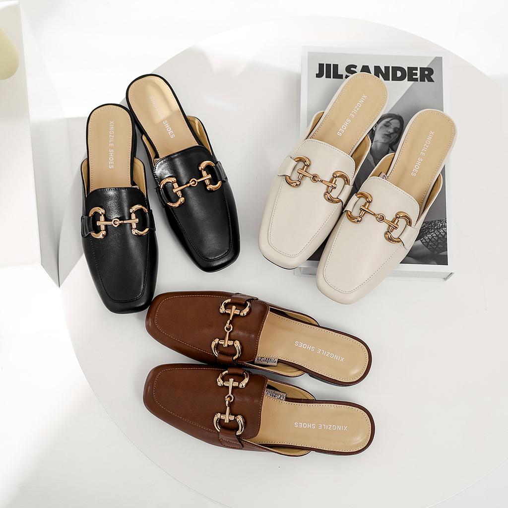 Leather Bag Head Half Slippers Women's Outer Wear 2025 New Horse Buckle Sandals Heelless Lazy Shoes Flat Muller Shoes