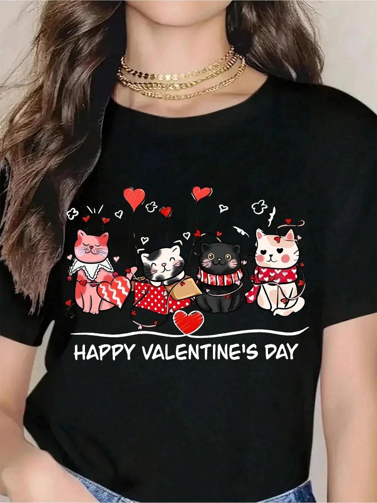 Cats Valentine s Day T shirt For Women Happy Valentine s Day Cartoon Cat Design S