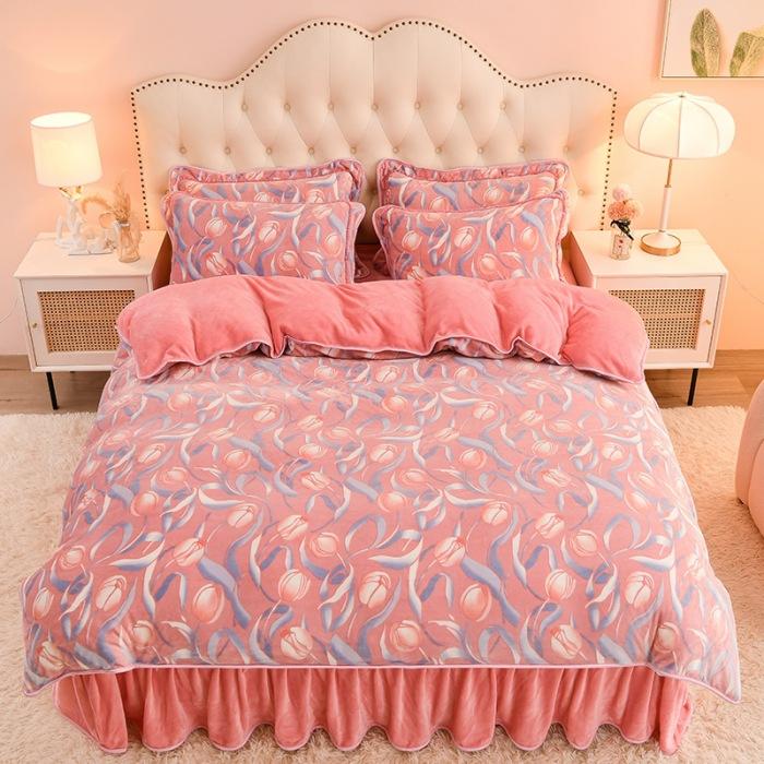 Thickened Milk Fleece Four-Piece Coral Fleece Quilt Cover, Bed Sheet Fleece Double-Sided Fleece Flannel Bedding, Bed Skirt