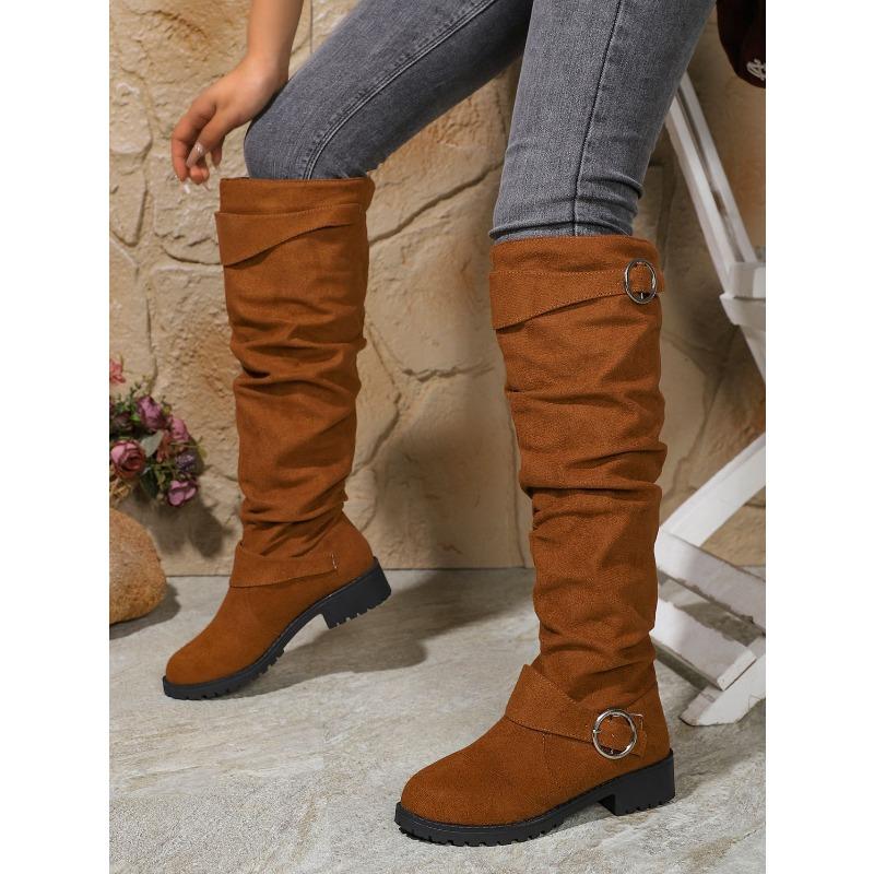 Women's Large Size Belt Buckle Slouch Boots Chunky Heel Knee-High Fashion Boots.