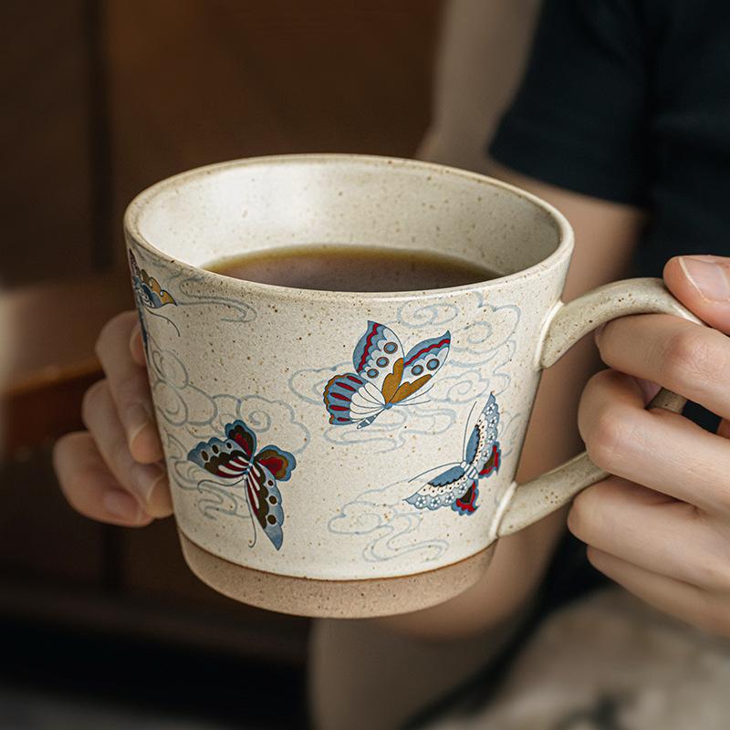 Colorful Butterfly High-End Mug Coarse Pottery Coffee Cup Creative Latte Cup Beautiful Cup Souvenir Export