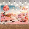 Sweet candy ground photo background, colorful lollipops, donuts, cake ice cream, children birthday party photography background