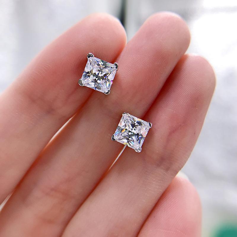 OEVAS 6x6mm Yellow Pink High Carbon Diamond Gemstone Earrings for Women 100% 925 Silver Classic Fine Jewelry