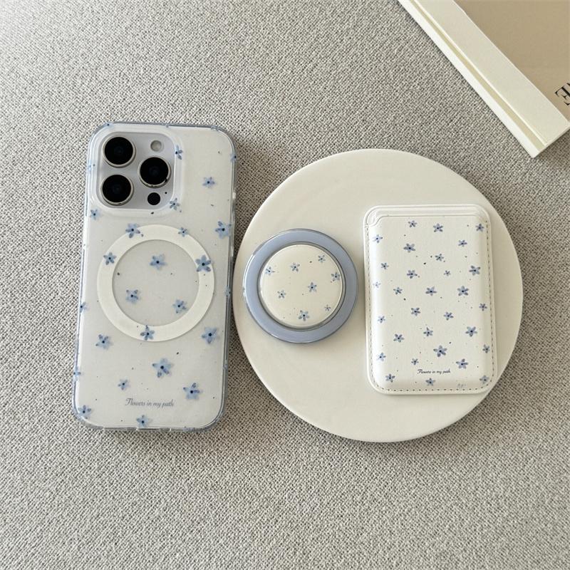 Korean Ins Flower Magnetic Stand Phone Case For iPhone 16 Pro 15 14 13 Pro Max Cover with Magsafe Card Holder Cute Cases Funda