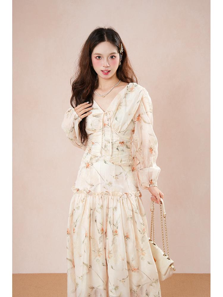 Элегантное французское платье с длинным рукавом, стройнящее, женский стиль ранней осени S