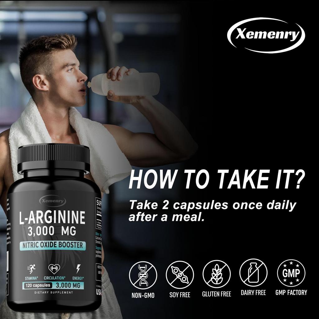 Extrakt z L-Argininu, Kapsle 3000 mg, Doplněk oxidu dusnatého, Podporuje růst svalů, Cévní funkce a Energii
