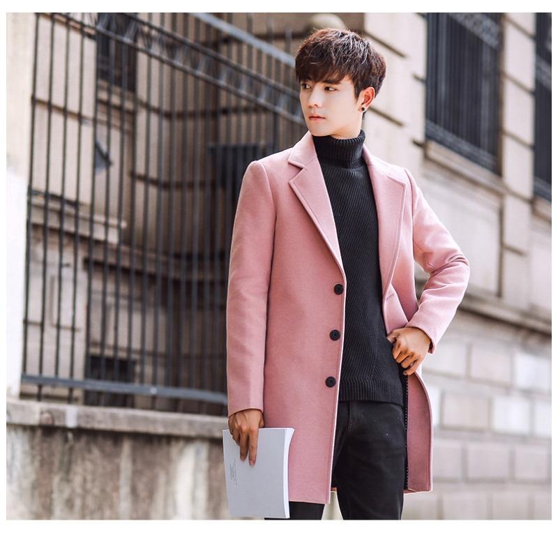 Men S Korean Style Slim Fit Solid Stand Collar Single Breasted Casual Woolen Overcoat