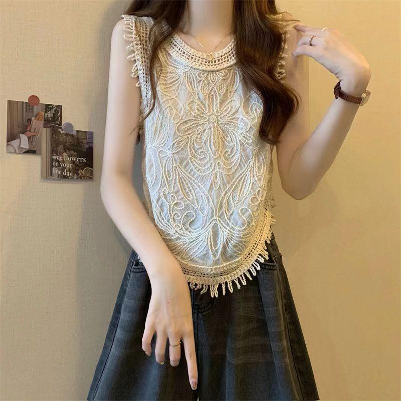 Niche Hollow-out Crocheted Knitted Camisole Women's Summer Tassel Short Sleeveless Tank Designed Top