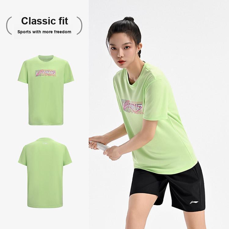 Li Ning Badminton Series Creative Logo Classic Breathable Vitality Fashion Casual Daily Sports Short Sleeve T-Shirt Unisex Tops Sky-Green ATSV627-3